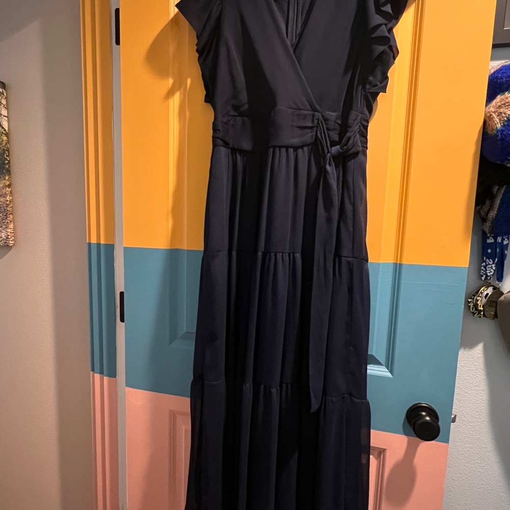 Dkny Navy Dress with Side Tie & Flutter Sleeves - Picture 2 of 5